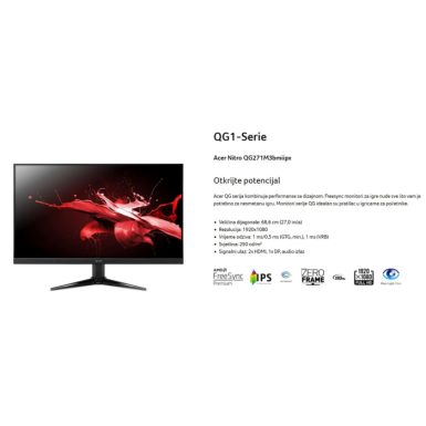 Acer 27 inch Nitro QG1 FHD 180HzFHD,IPS,250cd,1ms,HDMIx2,DP,SPK+Audio out,tilt -5 20,VESA 100x100,crna Acer 27 inch Nitro QG1 FHD 180HzFHD,IPS,250cd,1ms,HDMIx2,DP,SPK+Audio out,tilt -5 20,VESA 100x100,crna